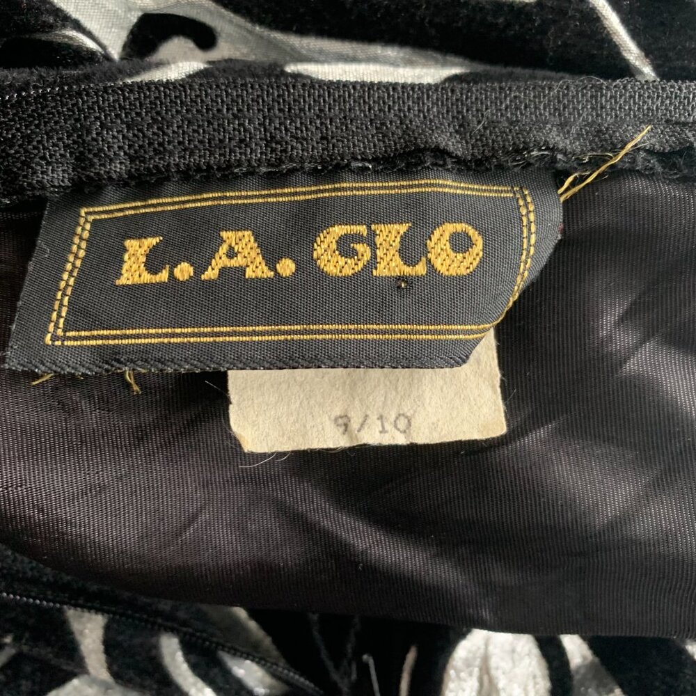 Vintage 90s LA Glo Silver Metallic Black Velvet Strapless Fit and Flare Dress - Picture 9 of 15